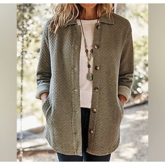 J. Jill Quilted Barn Jacket Chore Coat Women’s XL Green Pockets Lightweight - Picture 1 of 8